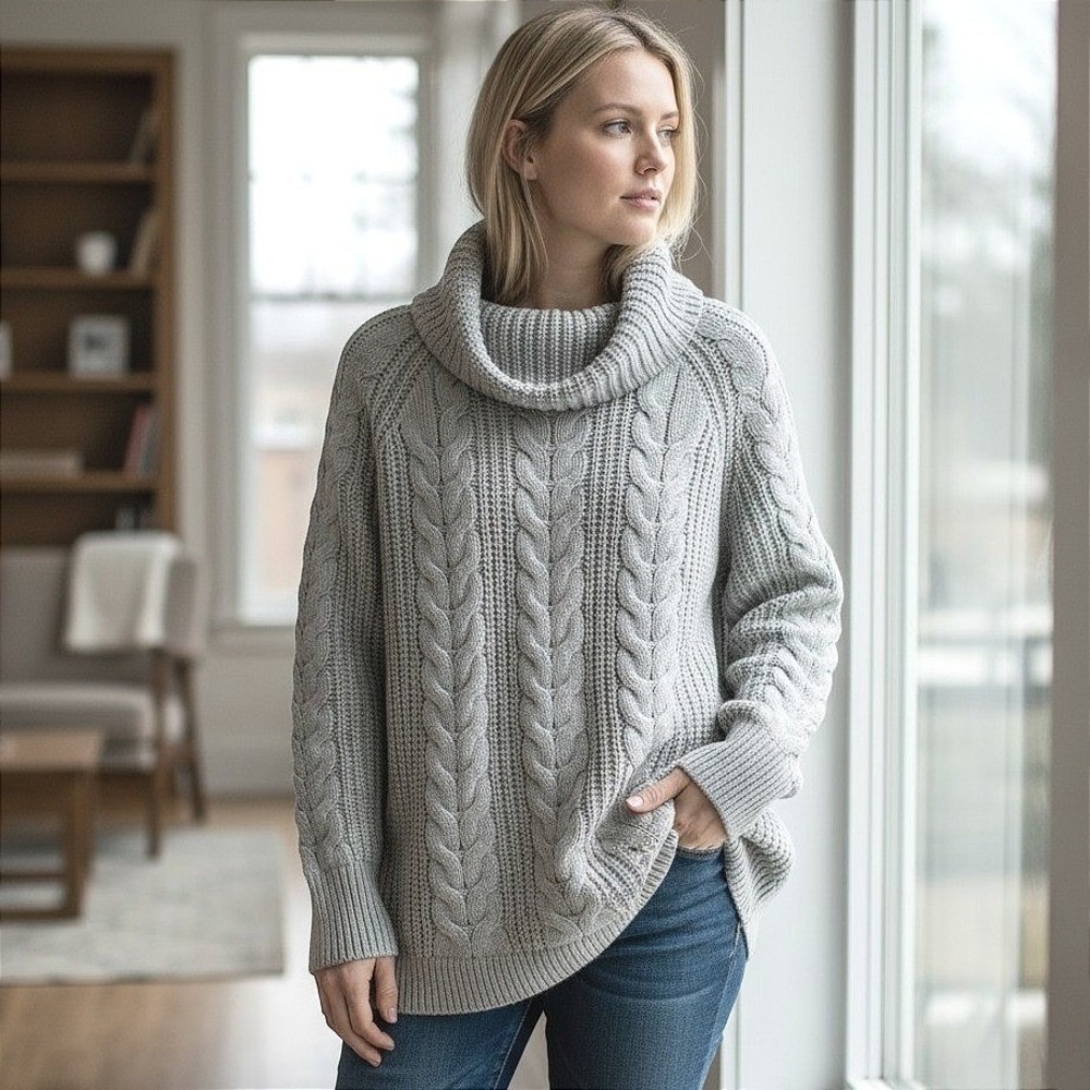 NWT Haven Well Within Cowl Neck Cable Knit Sweater L Gray Sage Chunky Oversized